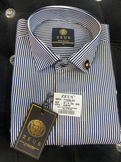 ZEUS White Navy Colour With Navy Lines Lycra Cotton Full Sleeves Shirt 567891