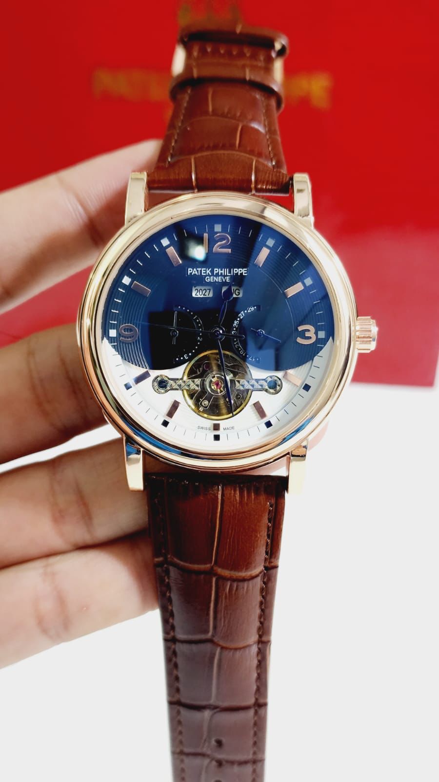 Brown Strap Black White Dial Copper Ring Automatic Man Watch