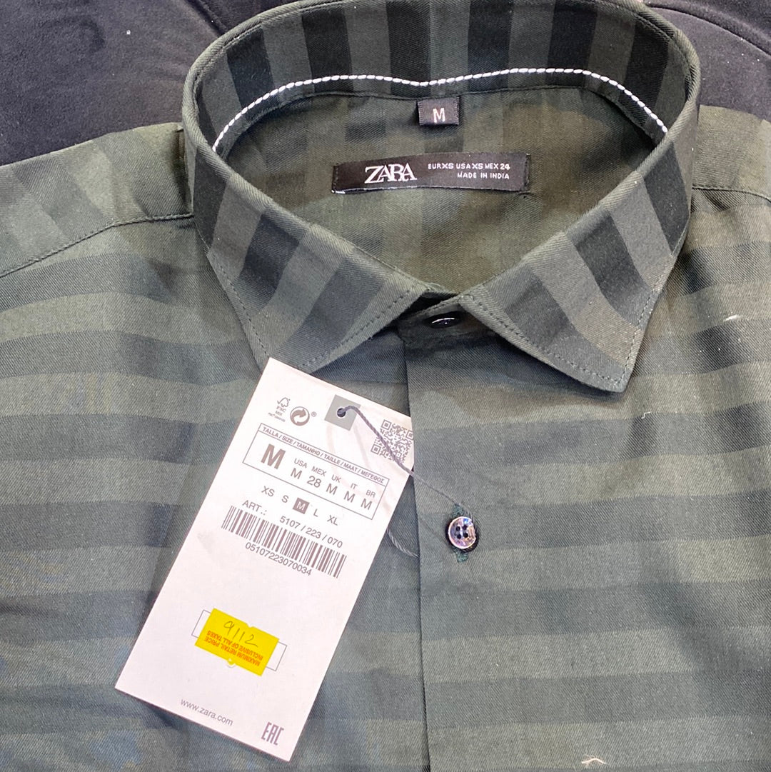 Olive Green Colour ZR Zar Raz With Dark Green Lines Relaxed Fit Branded Shirts 9112