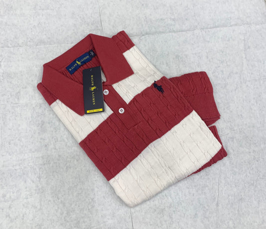LOP LAR Maroon White Colour With Front Embroiderey Knitting Collar Tshirt 50197