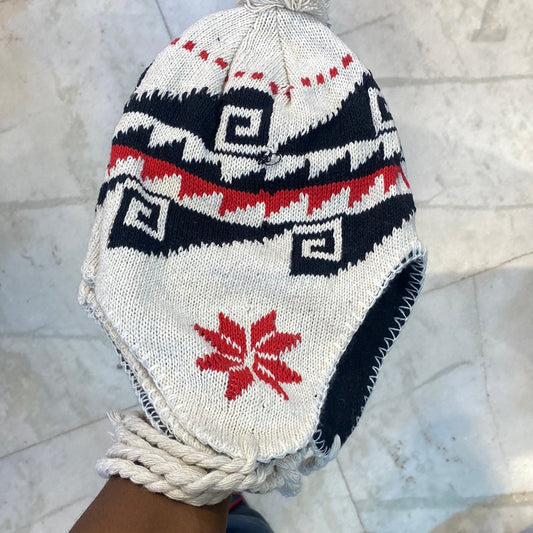 White Red Black Ear flaps features braided tassels Beanie Cap 9336
