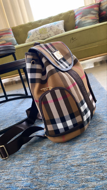 Brown White Cream Check Backpack for Unisex / Boys / Girls 410005