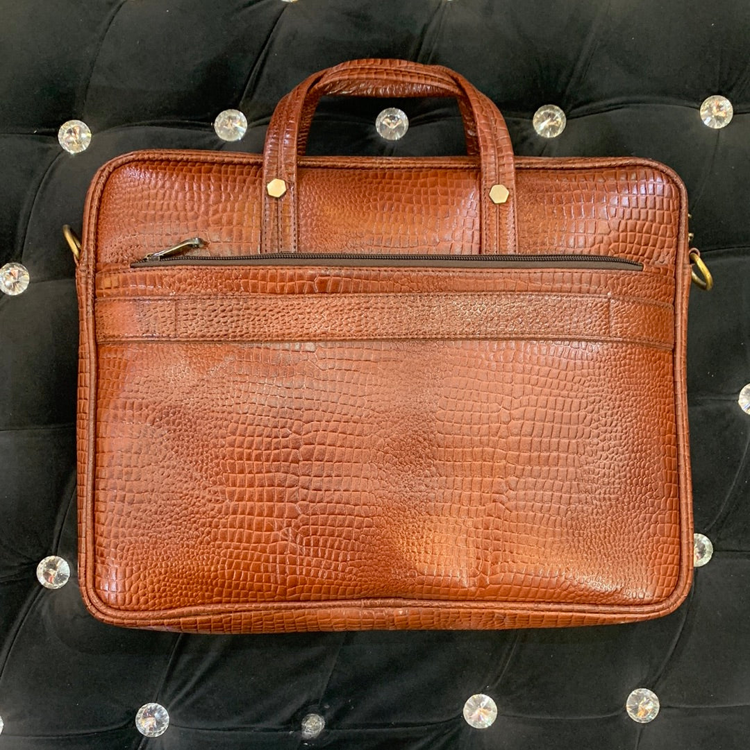 Brown Colour Genuine Leather Heavy Quality Flap crock Print Laptop Bag 4221