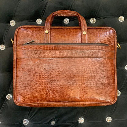 Brown Colour Genuine Leather Heavy Quality Flap crock Print Laptop Bag 4221
