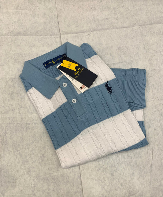 LOP LAR Blue White Colour With Front Embroiderey Knitting Collar Tshirt 50199