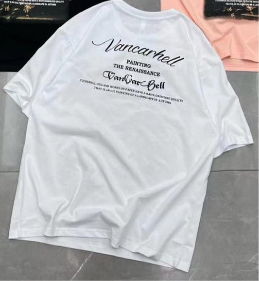 White Colour With Vancarhell Front And Back Print Lycra Fabric Half Sleeve TShirt 298138