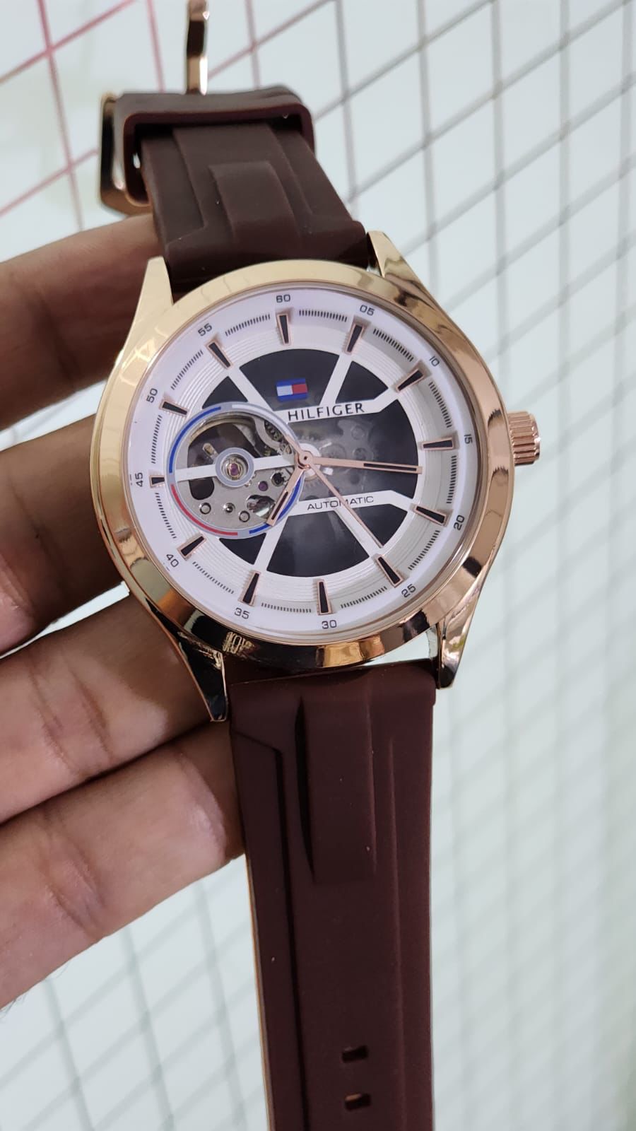 Mot  Brown Silicon Strap Copper Ring White Dial Automatic Men Watch 901367