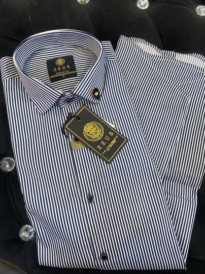 ZEUS White Navy Colour With Navy Lines Lycra Cotton Full Sleeves Shirt 567891