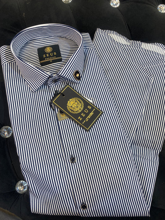 ZEUS White Navy Colour With Navy Lines Lycra Cotton Full Sleeves Shirt 567891