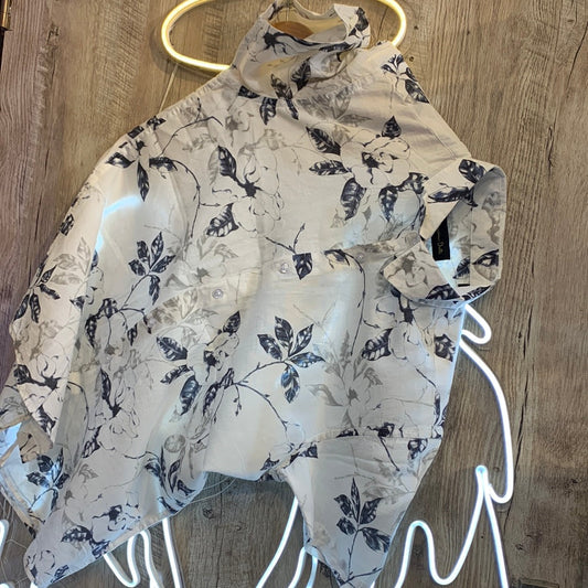 Massimo Dutti White Shirt Blue Grey Leaves Print Lilen Men Shirt 1874
