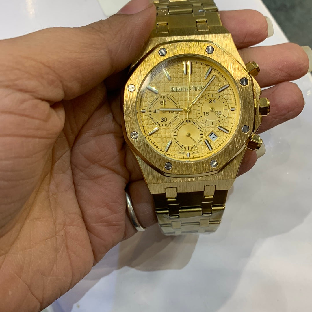 DUA Gold Chain Yellow Dial Chrono Working Men Watch