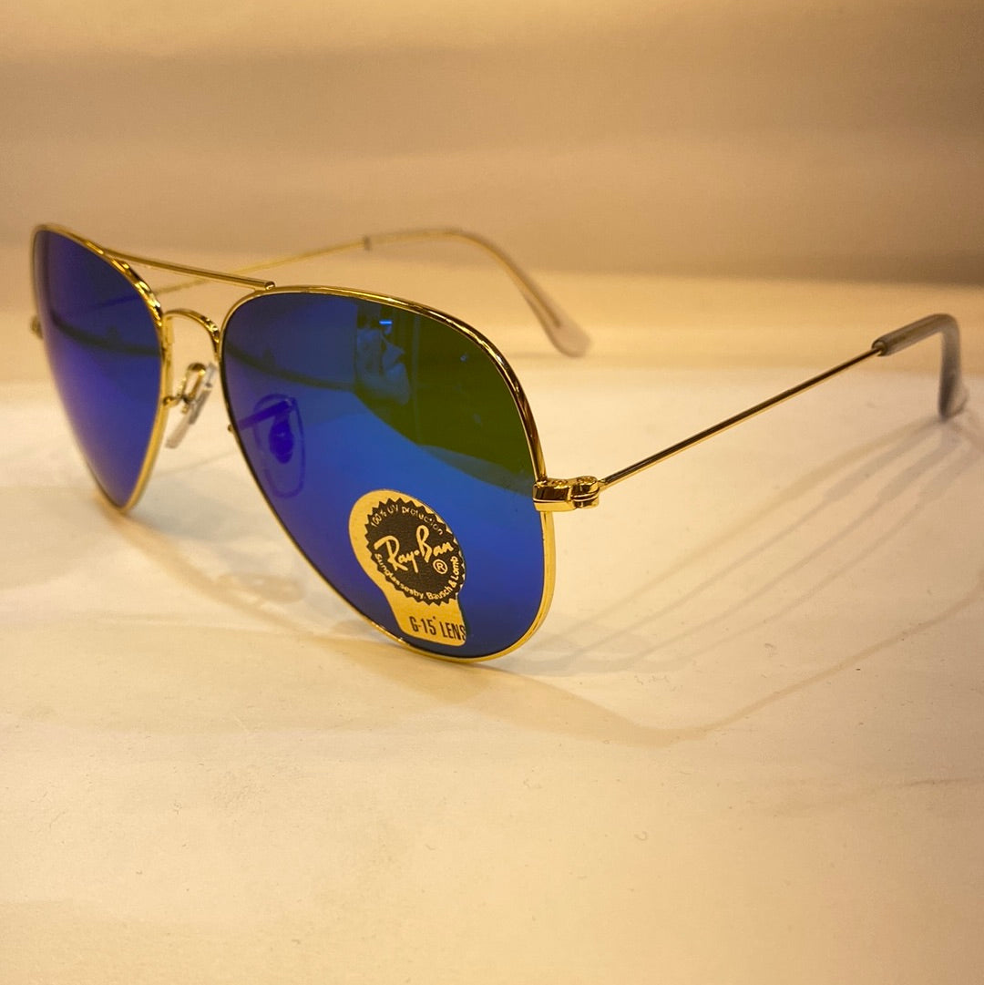 YAR RB Glossy Gold Frame Dark Blue Shade Unisex Aviator Sunglasses RB3026 62 14 138