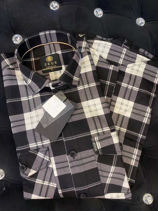 ZEUS Black Grey Colour With Check Print Double Pocket Lycra Cotton Full Sleeves Shirt 567893