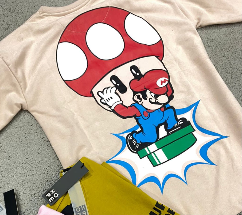 HOPE Peach Colour With Super Mario Back Print Drop Shoulder TShirt 108591