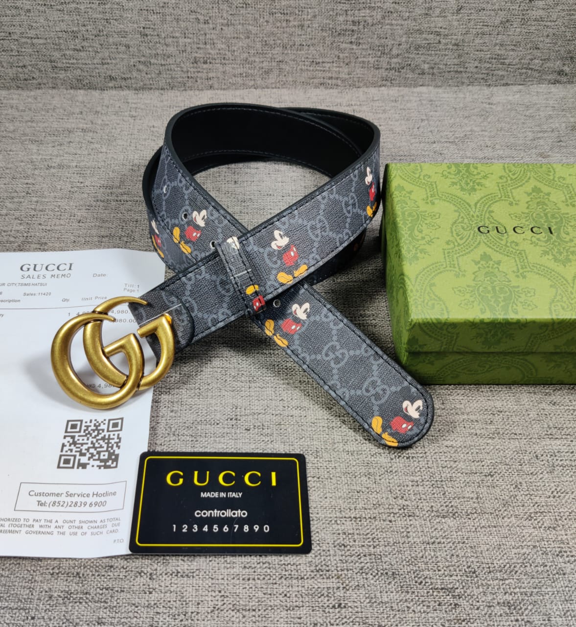 Black Colour Cug Guc Gold G  Buckle Micky Print Genuine Leather Men’s Belt 9181