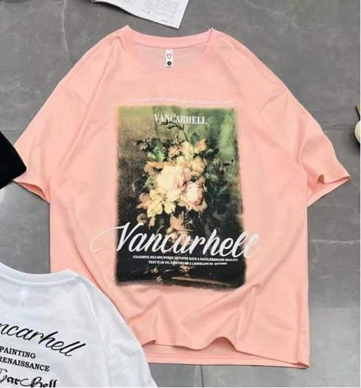 Peach Colour With Vancarhell Front And Back Print Lycra Fabric Half Sleeve TShirt 298132