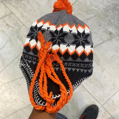 Grey Orange White Black Ear flaps features braided tassels Beanie Cap 9335