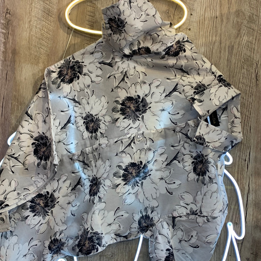 Massimo Dutti Grey Shirt White Flowers Print Lilen Men Shirt 1881
