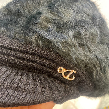 Black Colour DO Wool Women's Fashion Hat Plush Knitted Wind Shield Ear Guard Solid Color Atmosphere Simple Autumn and Winter Warm Hat DO Cap 9356