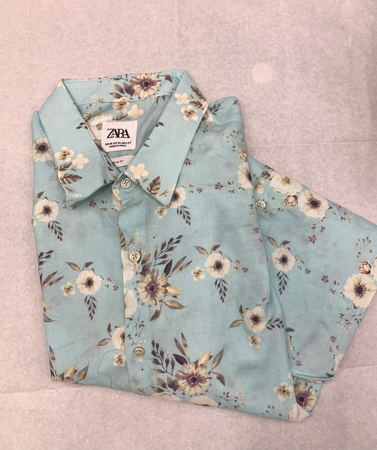 ZR RAZ Teal With Brown Floral Print Summer Full Sleeve Shirt 861604