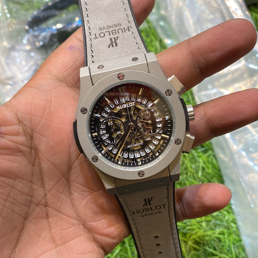 Buh Grey Silver Dial Chrono Leather Silicone Strap Watch For Men 400298