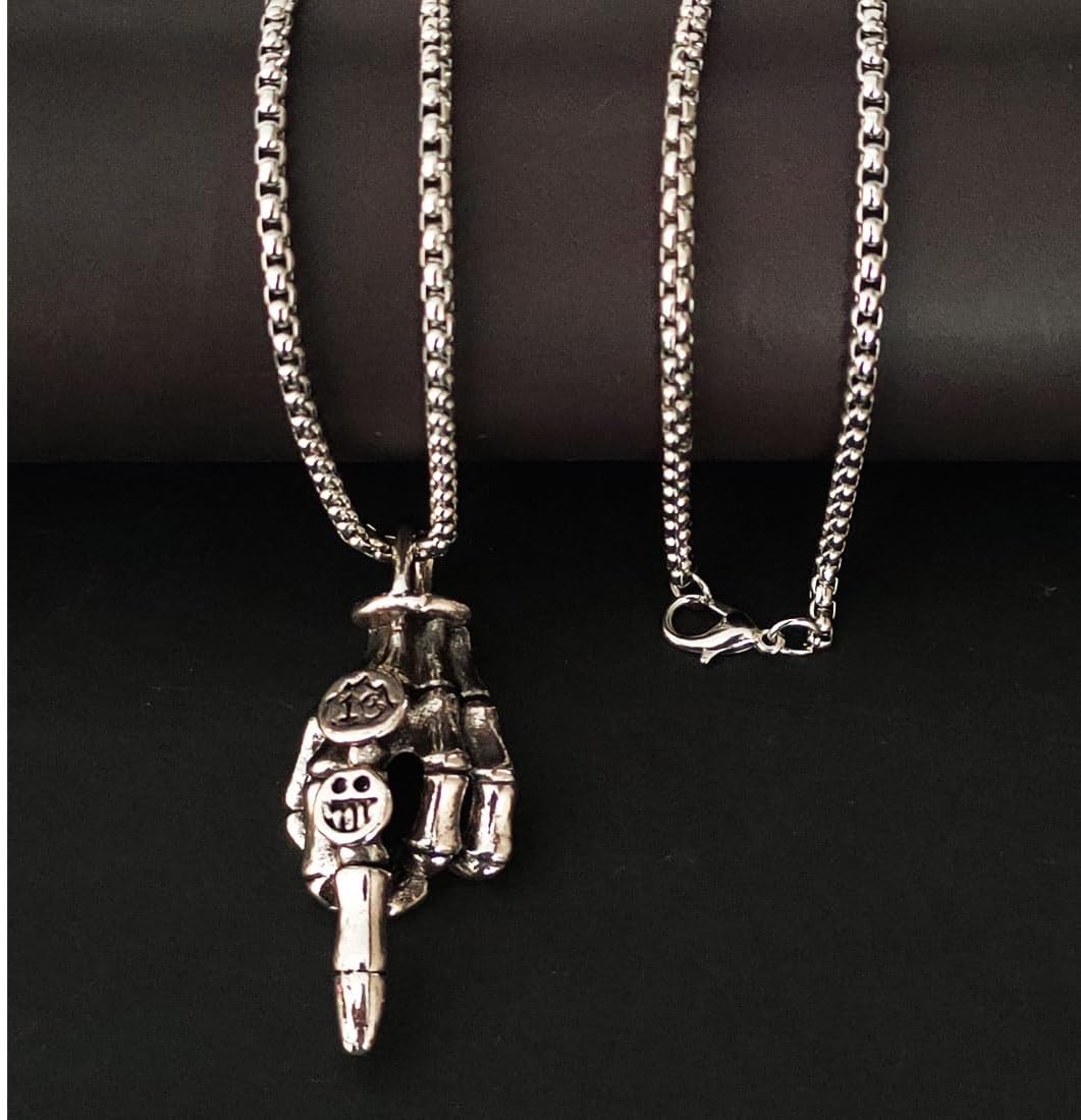 Sliver Middle Finger Skeleton Pendant Necklace Chain 50276