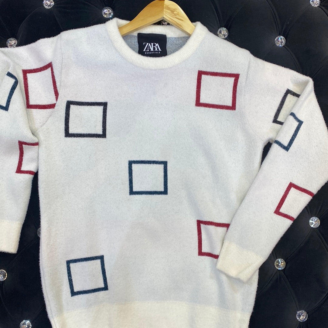 White ZR Soft Square Design Sweater for Men Unisex 9110