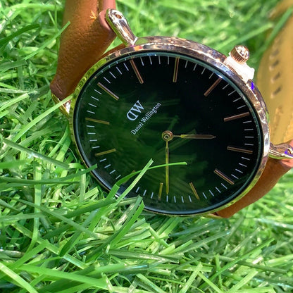 WD Brown Slim Strap Black Dial Copper Ring Men Watch 400556