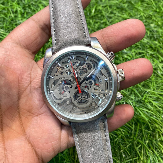 Gat Grey Leather Strap Grey Ring Grey Dial Chronograph Working Men’s Watch 401161