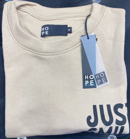 HOPE Beige Colour With Just Smile Back Print Drop Shoulder TShirt 108577