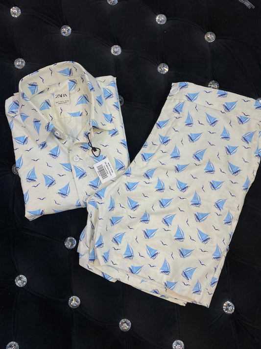 Zr White Colour With Boat Print half Sleeve Shirt And Shorts Combo Coord Set