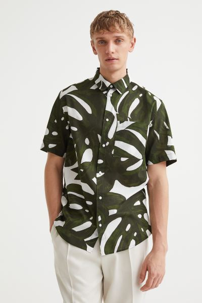 Dark green/monstera leaves HM.com Men Shirts Casual Shirts Regular Fit Cotton Shirt