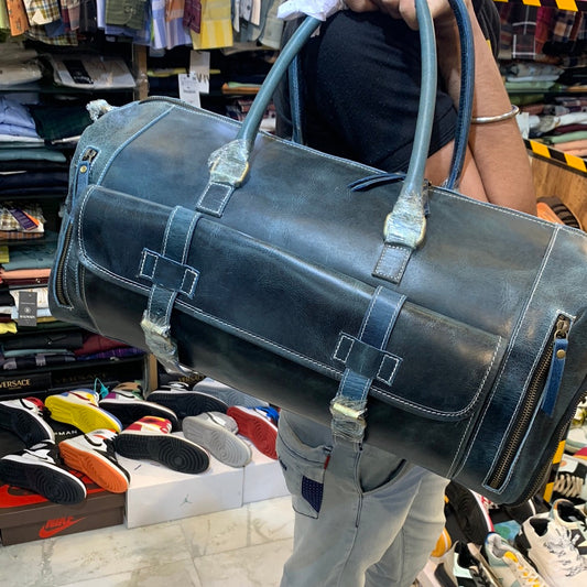 Grey Blue Colour Genuine Leather Heavy Quality Duffle Bag 5206