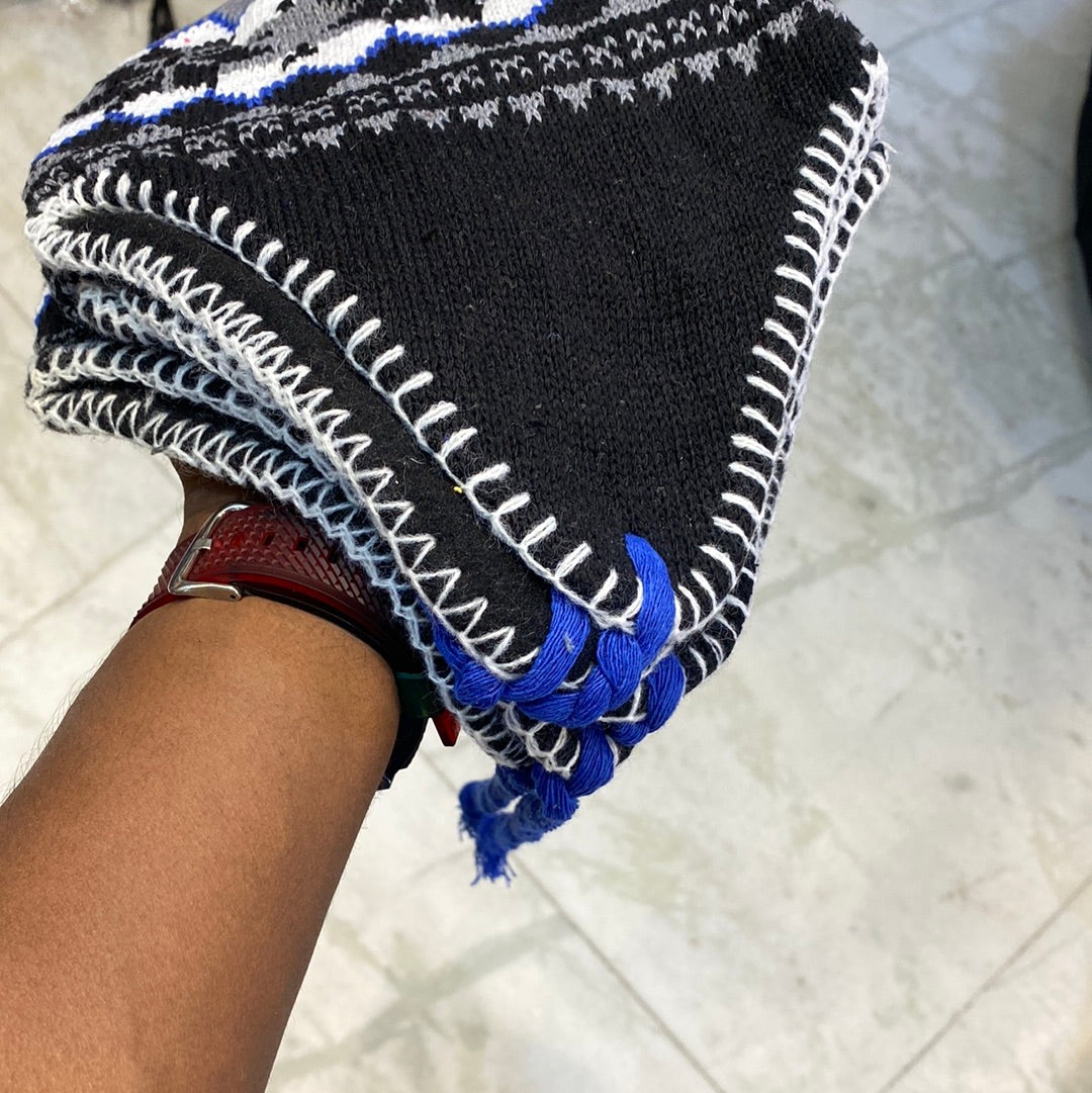 Blue Grey Black Colour Ear flaps features braided tassels Beanie Cap 9338