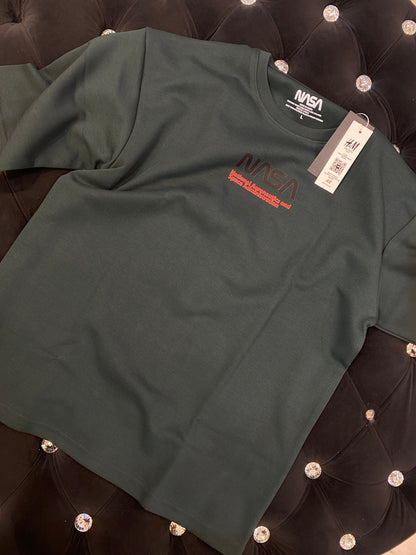 NASA Olive Green Colour With NASA Back Print Lycra Fabric Drop Shoulder TShirt 298143