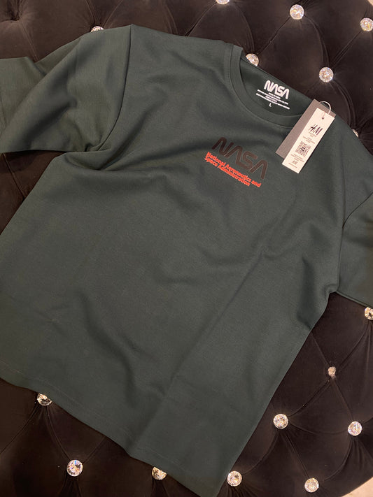 NASA Olive Green Colour With NASA Back Print Lycra Fabric Drop Shoulder TShirt 298143
