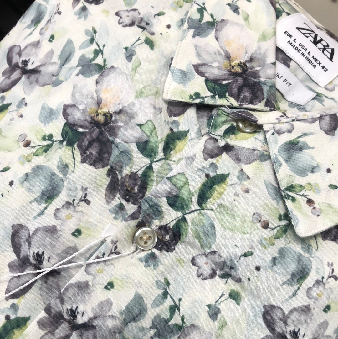 ZR RAZ Green With Grey Floral Print Summer Full Sleeve Shirt 861610