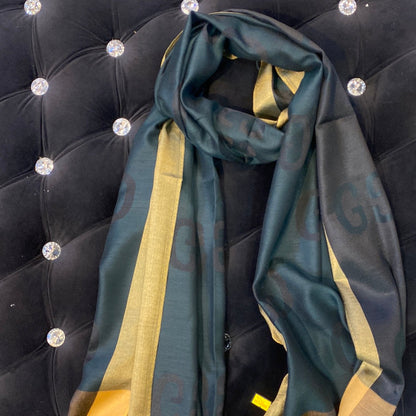 Cug Guc Green Colour Gold Strip Cug Print Heavy Quality Muffler  9341