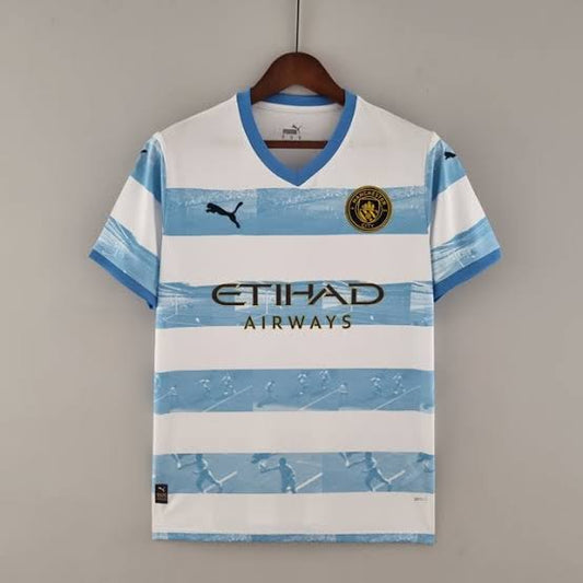 Mup Blue White Colour Etihad Airways Logo Branded Lycra Cotton Football Jersey 110218 03082023