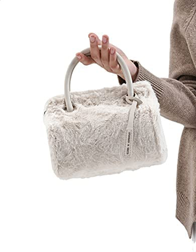CHARLES & KEITH Fur Fabric Top Handle Bag with Shoulder Strap for Women - Off White