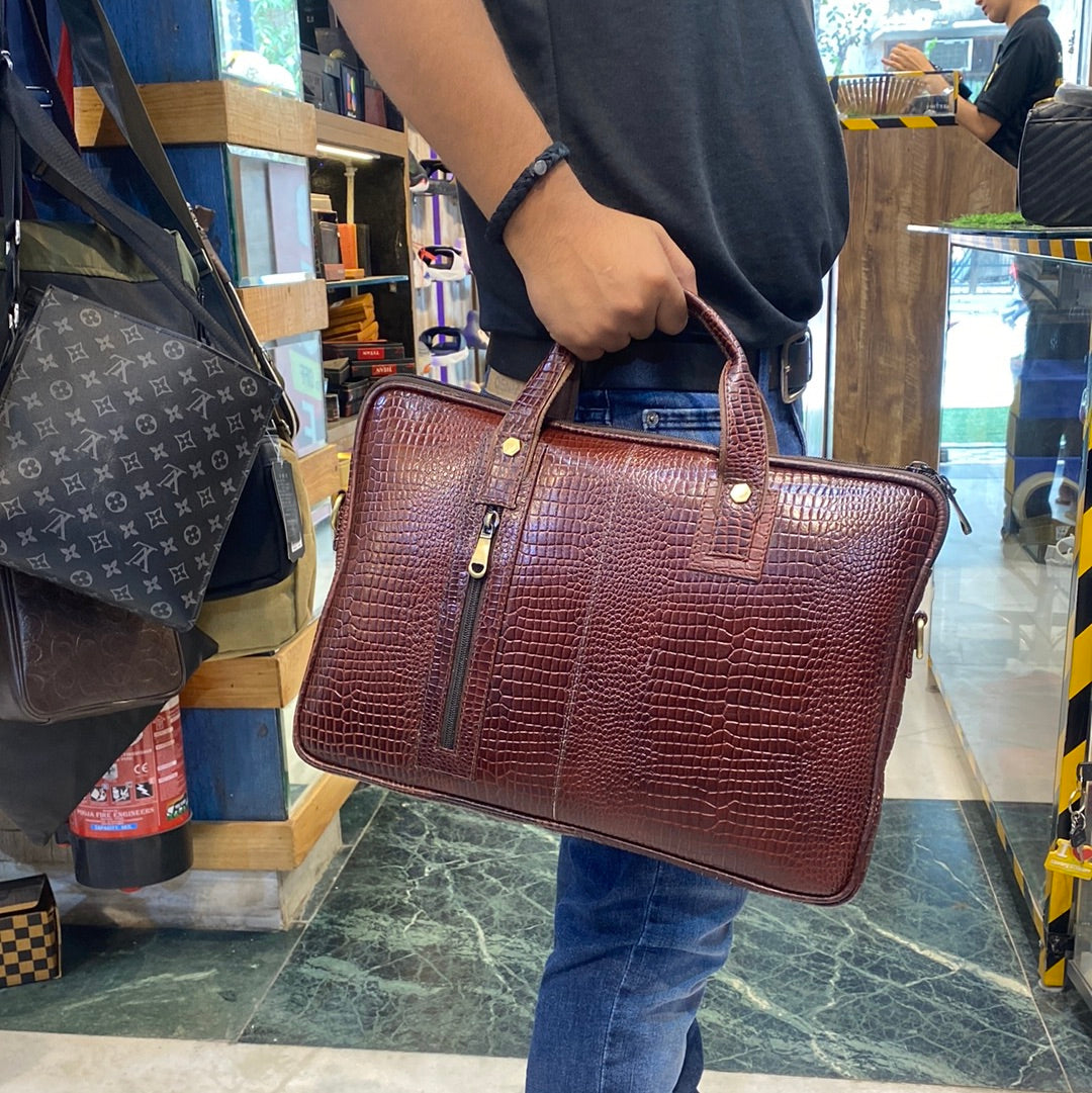 Maroon Colour Zipper Genuine Leather Laptop Bag 4203