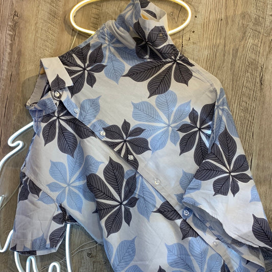 Massimo Dutti White Shirt Light Blue Grey Leaves Print Lilen Men Shirt 1875