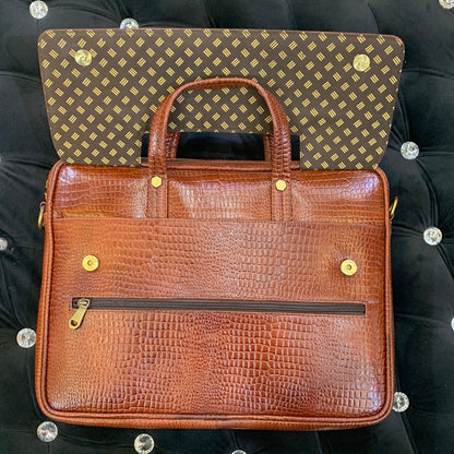 Brown Colour Genuine Leather Heavy Quality Flap crock Print Laptop Bag 4221