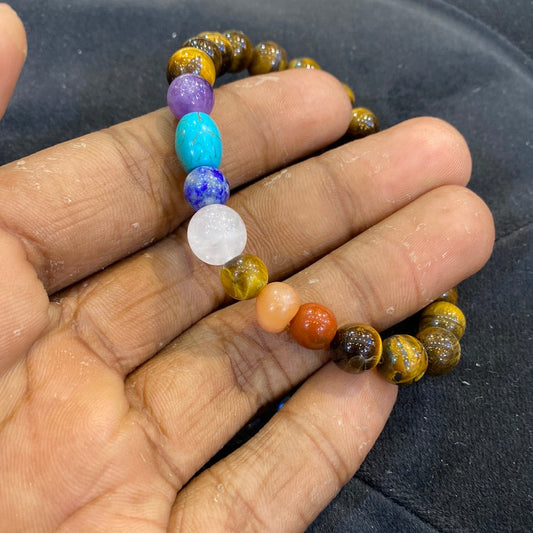 Tiger Eye With 7 Chakra Natural Stone Beads Unisex Bracelets