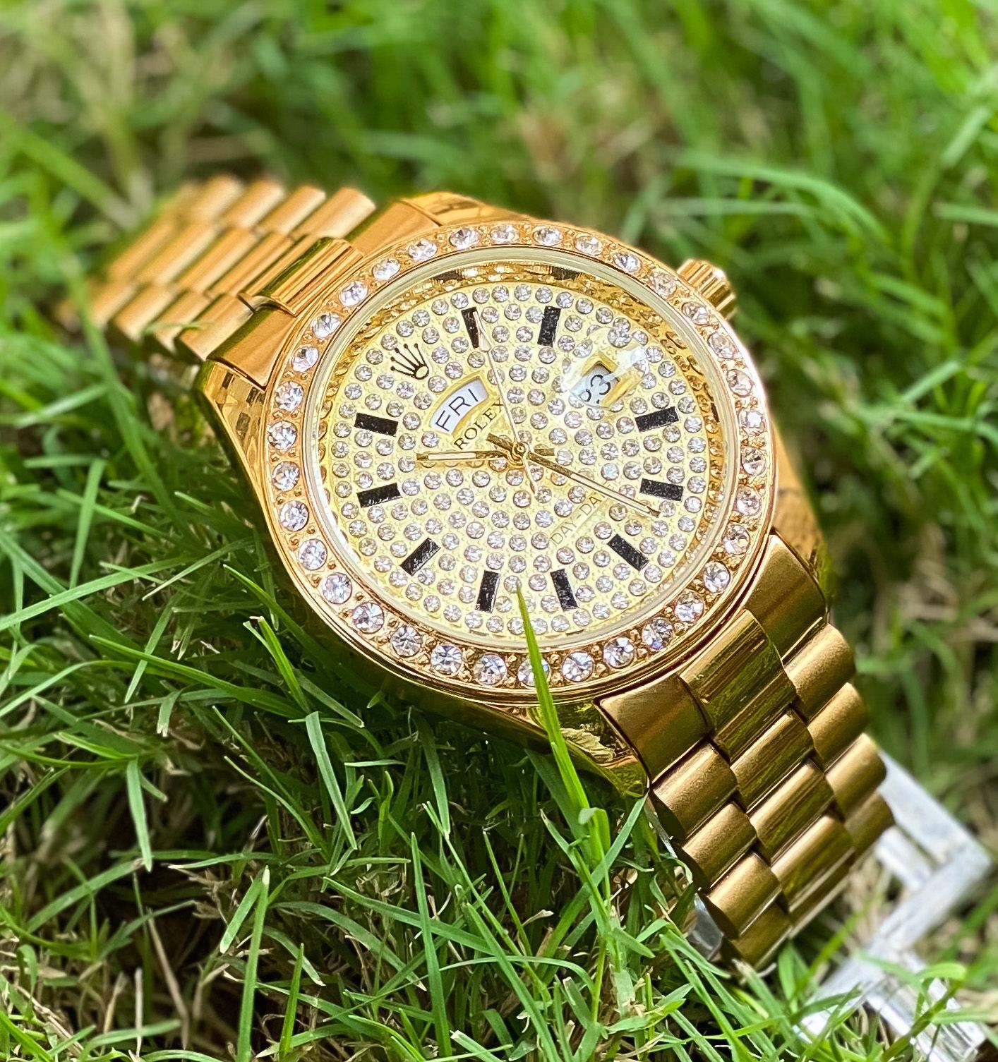 LOR Golden Gold Stud Diamond Watch for Him Her Men Ladies Watch 400693