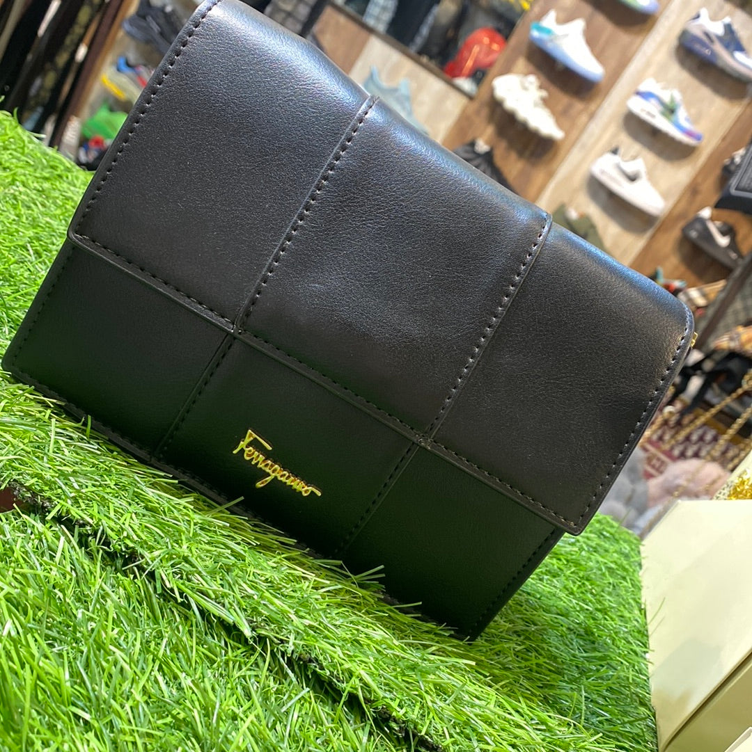 Black F Imported Leather Sling Bag for Her / Ladies / Girls Ref