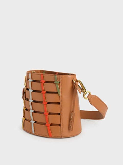 Ladies Tan Charles & Keith Girls Sling Basket Net Bag