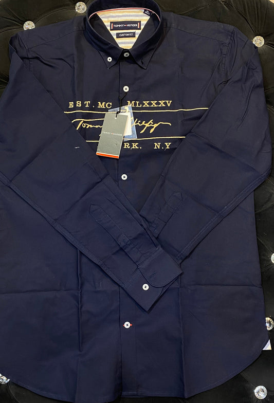 MOT Navy Blue Colour With Cream Embroidery Premium Cotton Full Sleeves Shirt 933033