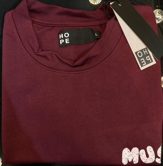HOPE Maroon Colour With Music Back Print Drop Shoulder TShirt 108560