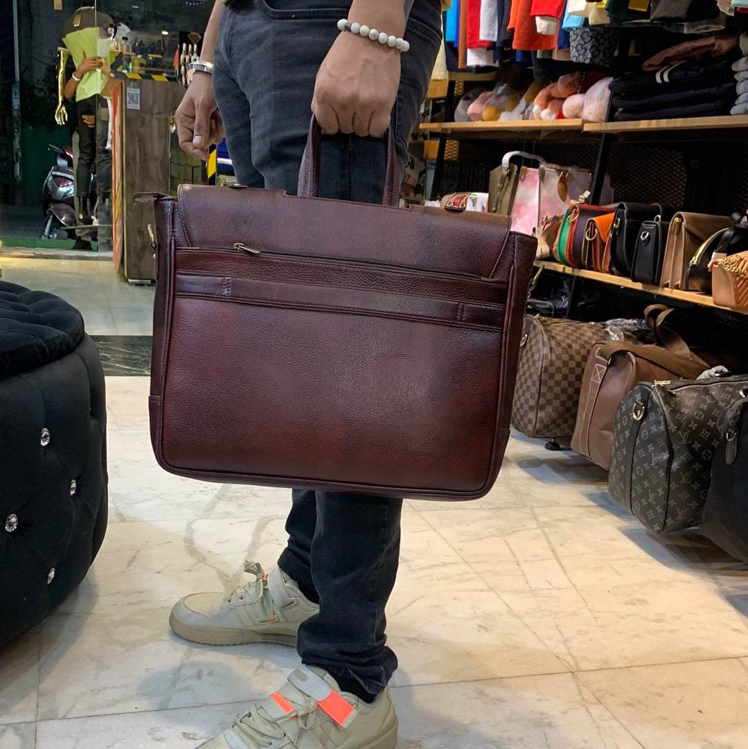 Cherry Colour Genuine Leather Heavy Quality Flap Laptop Bag 4220